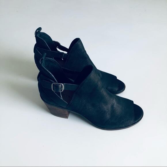 Lucky Brand 'Banu' Women's 6.5 Leather Open Toe Buckle Bootie Black Nubuck - Picture 3 of 10